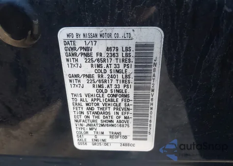 2017 Nissan Rogue Sv z USA, uszkodzony, nr VIN JN8AT2MV6HW016875